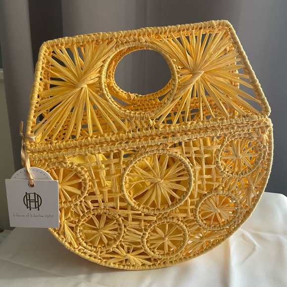 NEW House of Harlow Handwoven Hand Bag Purse Raffia Yellow Gold Vacation Resort - Picture 1 of 13